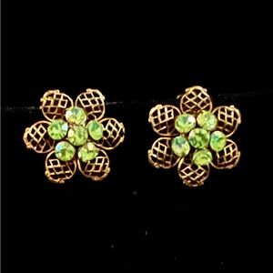 Bright Green Crystal stones in gold floral setting clip earrings, NWOT
